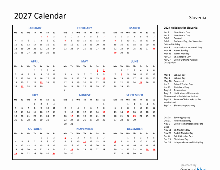 2027 Calendar with Holidays for Slovenia