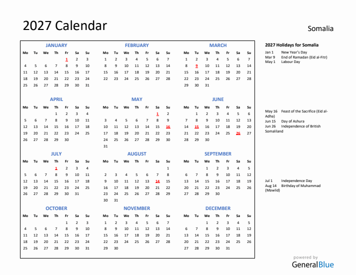 2027 Calendar with Holidays for Somalia