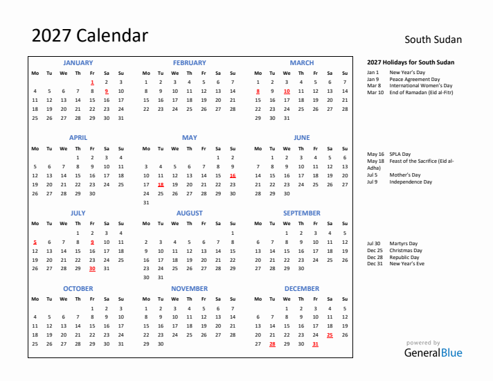 2027 Calendar with Holidays for South Sudan