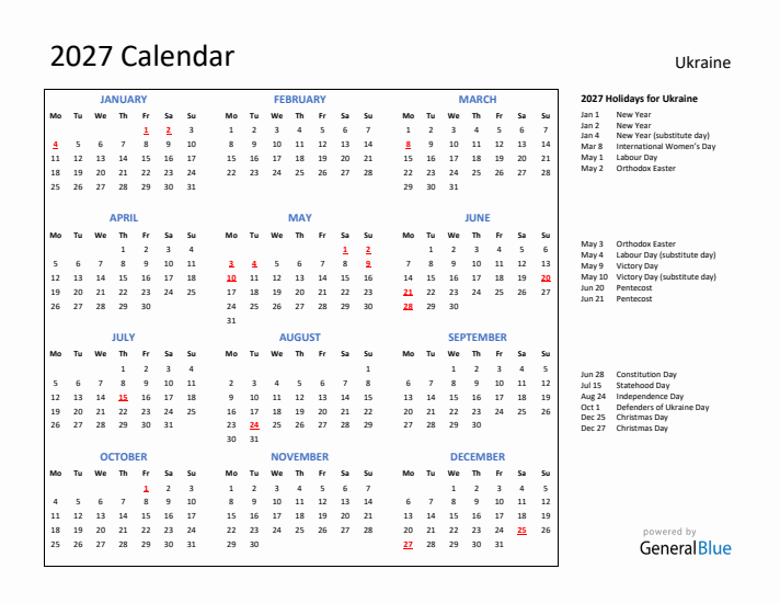 2027 Calendar with Holidays for Ukraine