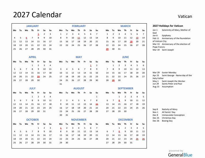 2027 Calendar with Holidays for Vatican