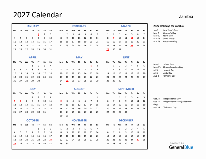 2027 Calendar with Holidays for Zambia