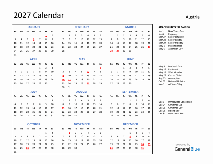 2027 Calendar with Holidays for Austria