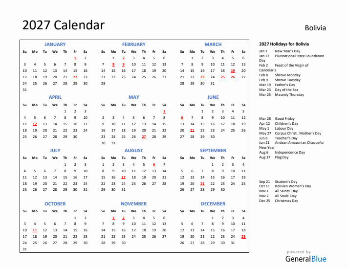 2027 Calendar with Holidays for Bolivia