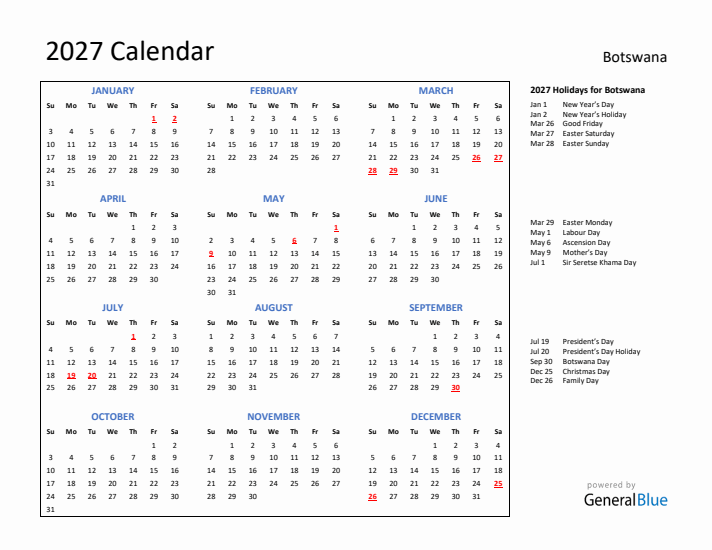 2027 Calendar with Holidays for Botswana