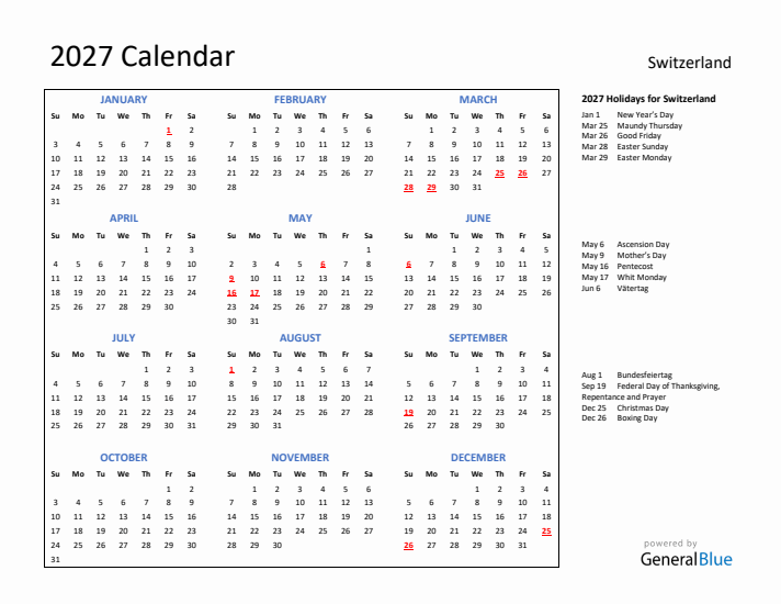 2027 Calendar with Holidays for Switzerland