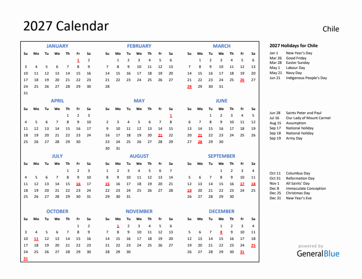 2027 Calendar with Holidays for Chile