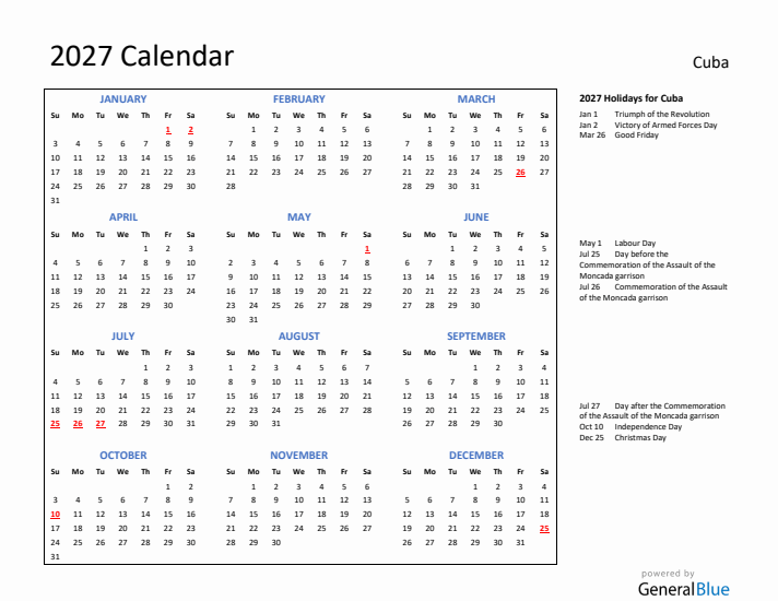 2027 Calendar with Holidays for Cuba