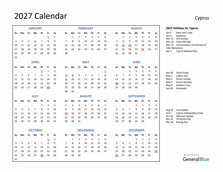 2027 Calendar with Holidays for Cyprus