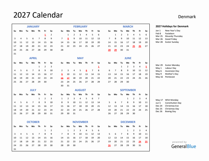 2027 Calendar with Holidays for Denmark