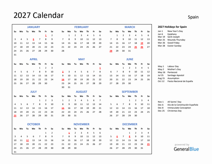 2027 Calendar with Holidays for Spain