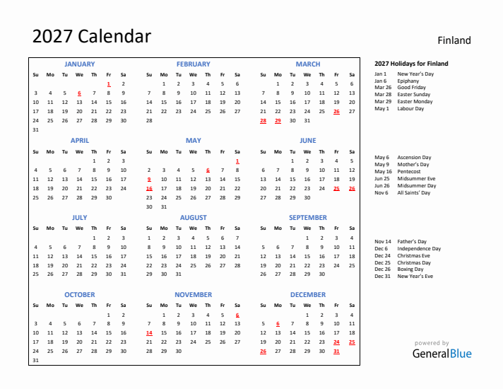 2027 Calendar with Holidays for Finland