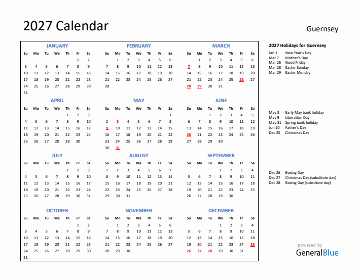 2027 Calendar with Holidays for Guernsey