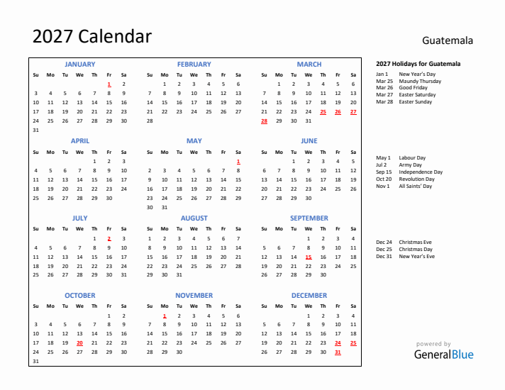 2027 Calendar with Holidays for Guatemala