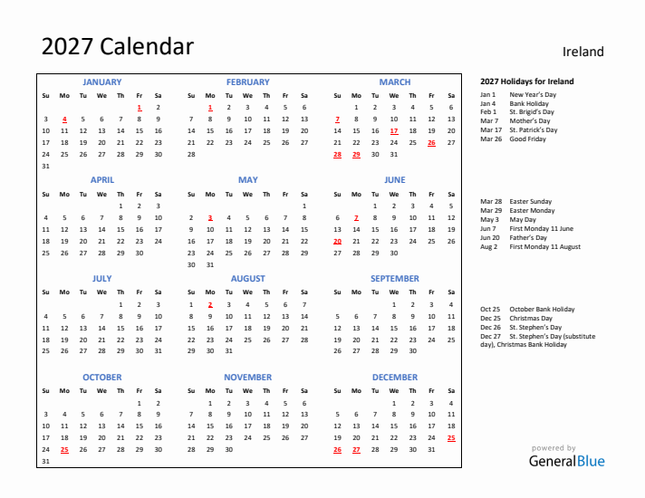 2027 Calendar with Holidays for Ireland