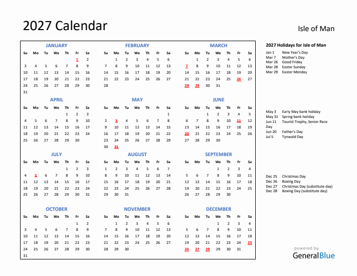 2027 Calendar with Holidays for Isle of Man