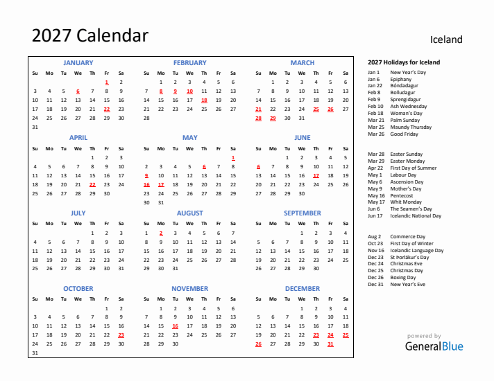 2027 Calendar with Holidays for Iceland