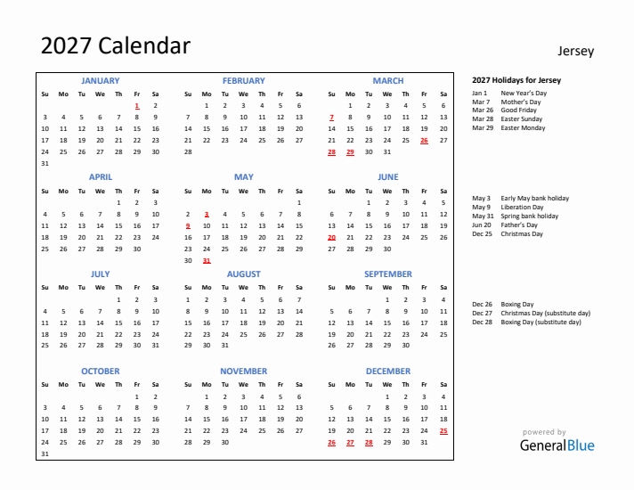 2027 Calendar with Holidays for Jersey