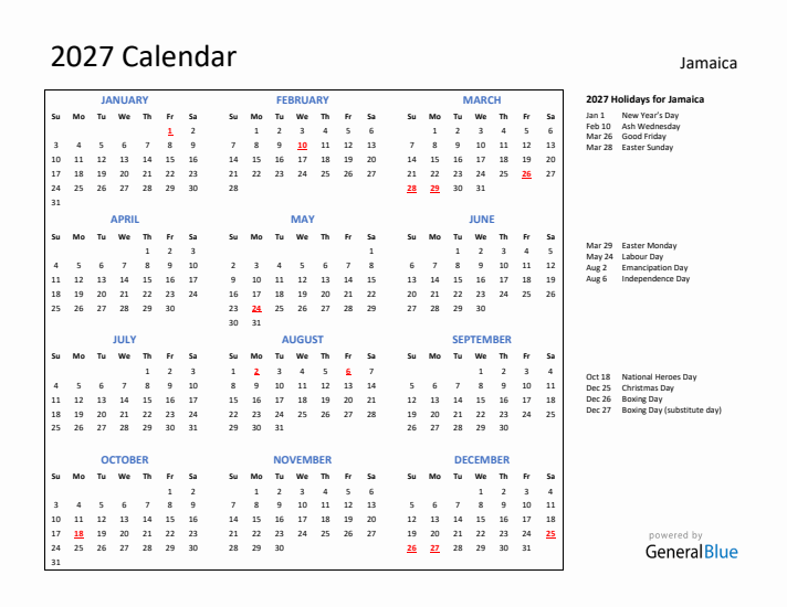 2027 Calendar with Holidays for Jamaica