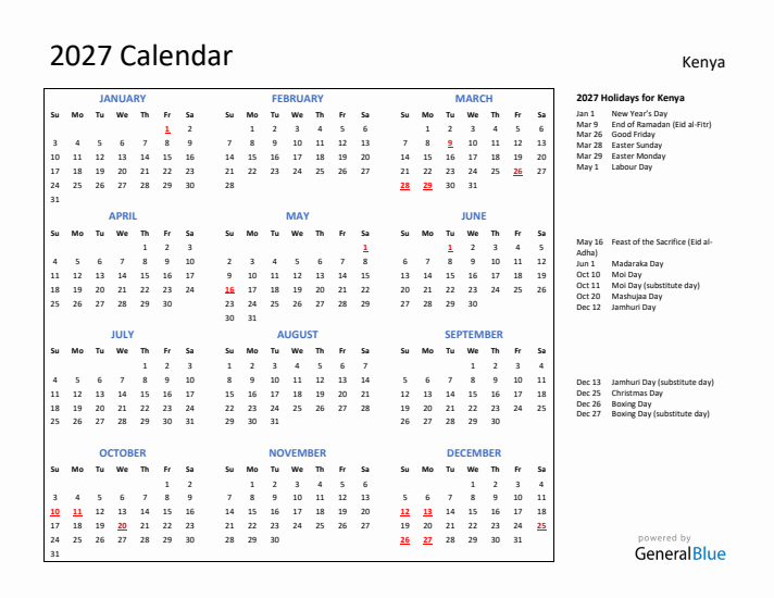 2027 Calendar with Holidays for Kenya