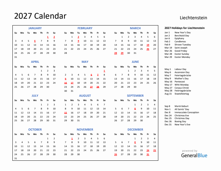 2027 Calendar with Holidays for Liechtenstein