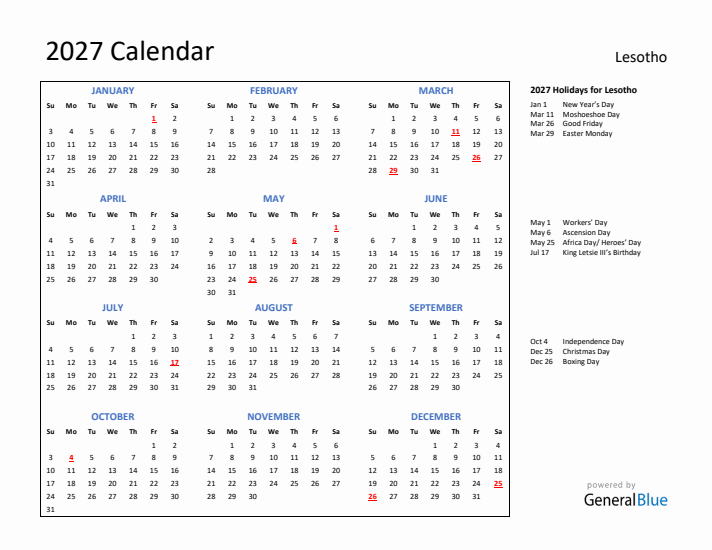 2027 Calendar with Holidays for Lesotho