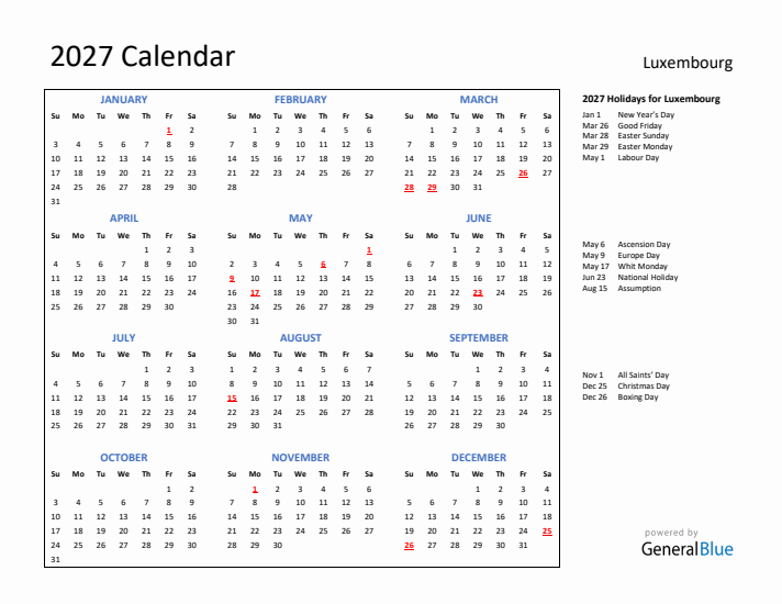 2027 Calendar with Holidays for Luxembourg