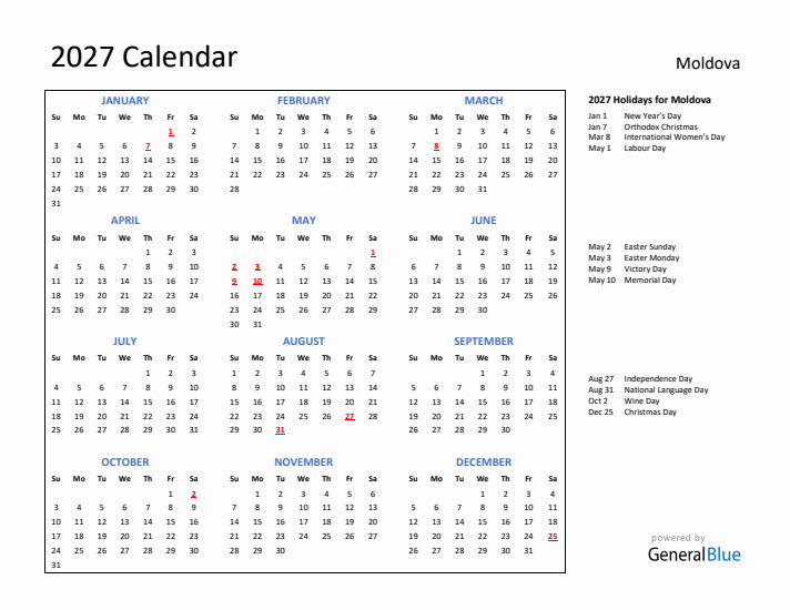 2027 Calendar with Holidays for Moldova