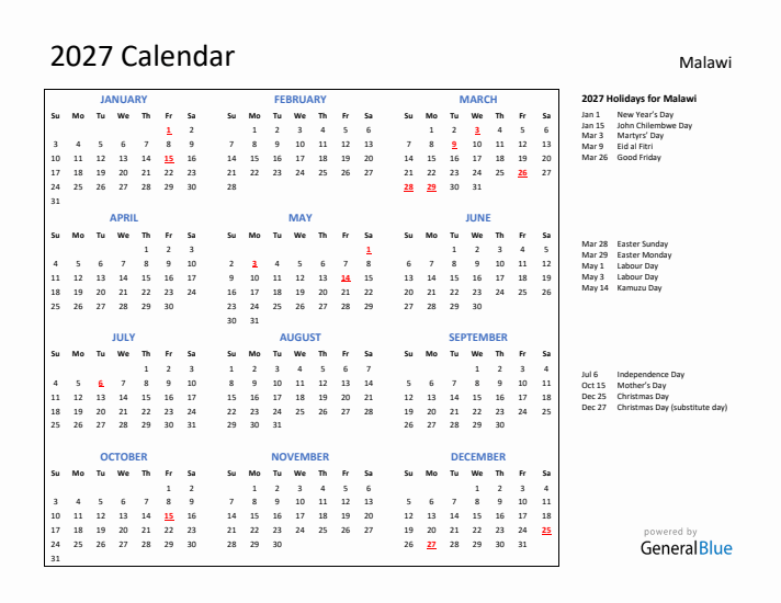 2027 Calendar with Holidays for Malawi