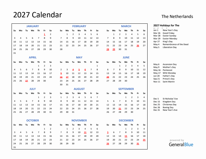 2027 Calendar with Holidays for The Netherlands