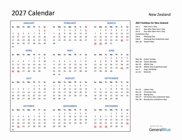 2027 Calendar with Holidays for New Zealand