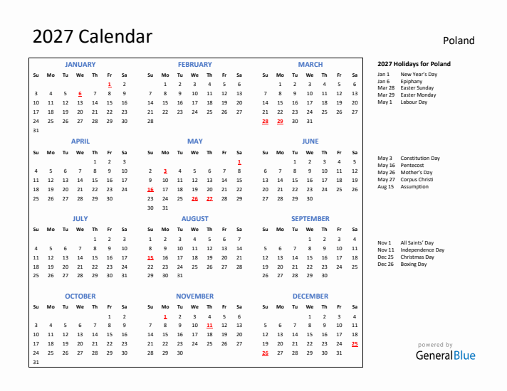 2027 Calendar with Holidays for Poland