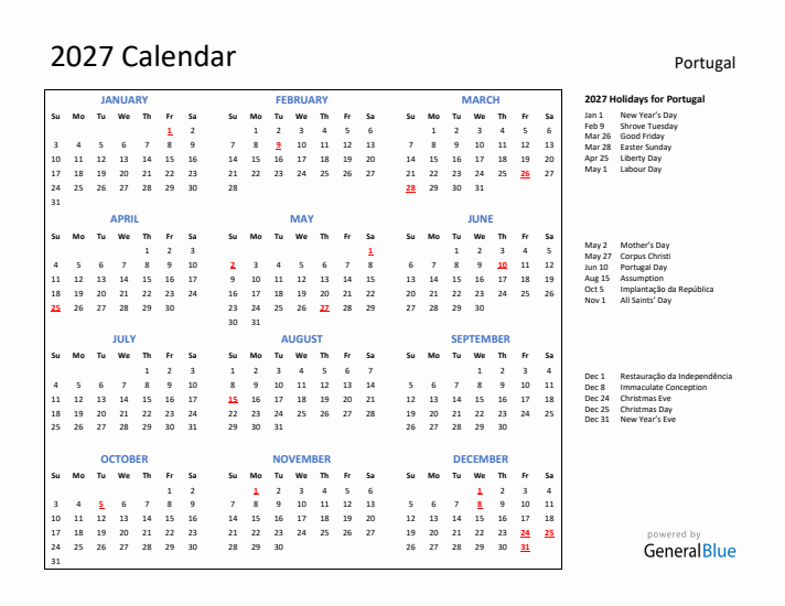 2027 Calendar with Holidays for Portugal