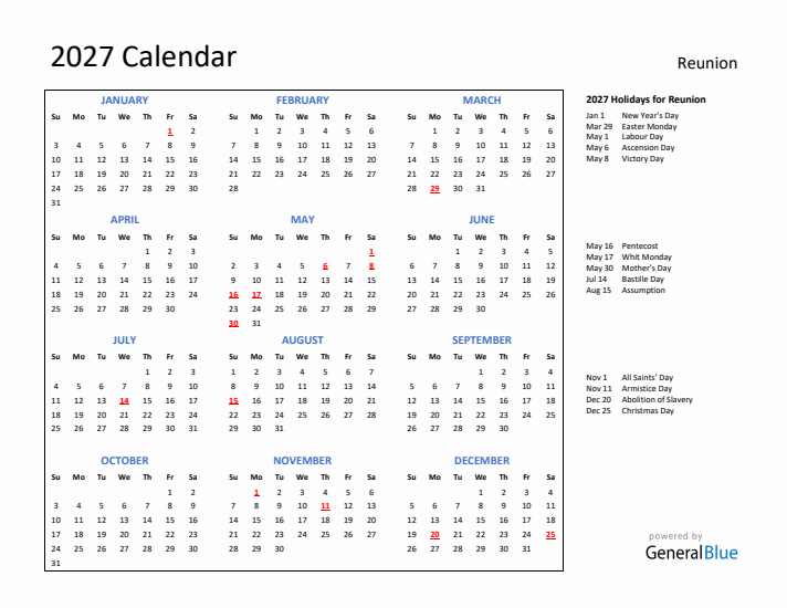 2027 Calendar with Holidays for Reunion