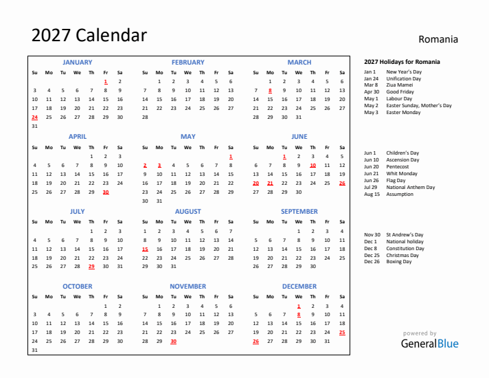 2027 Calendar with Holidays for Romania