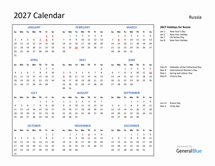 2027 Calendar with Holidays for Russia