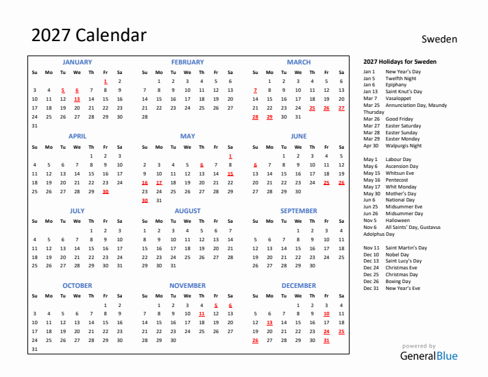 2027 Calendar with Holidays for Sweden