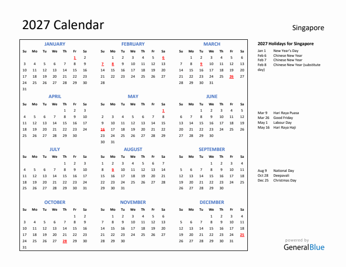 2027 Calendar with Holidays for Singapore