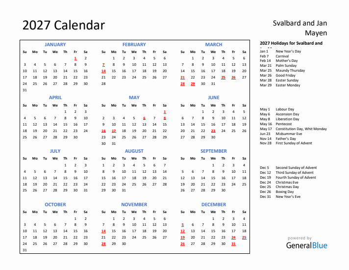 2027 Calendar with Holidays for Svalbard and Jan Mayen