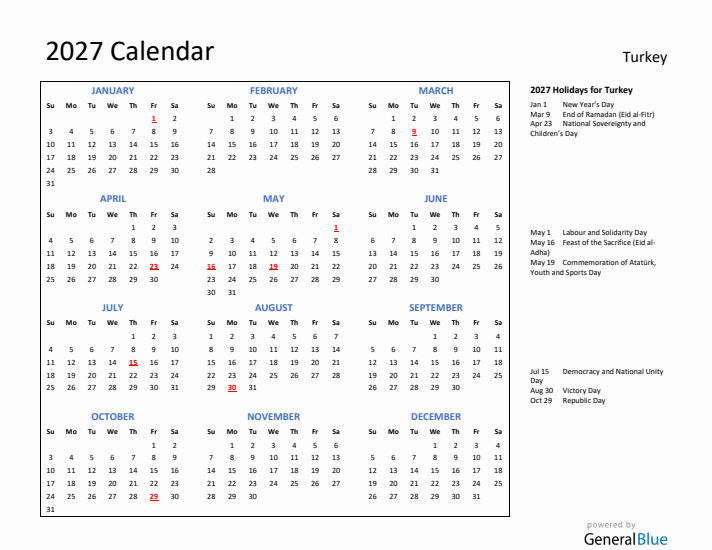 2027 Calendar with Holidays for Turkey