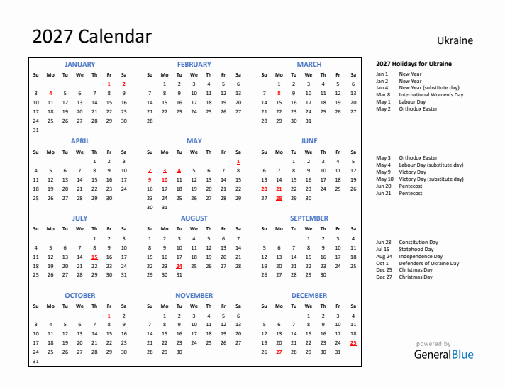 2027 Calendar with Holidays for Ukraine