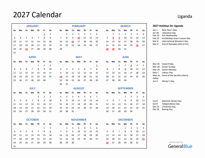 2027 Calendar with Holidays for Uganda