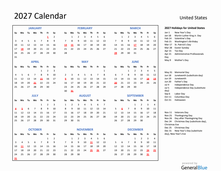 2027 Calendar with Holidays for United States