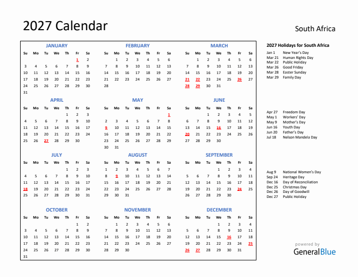 2027 Calendar with Holidays for South Africa