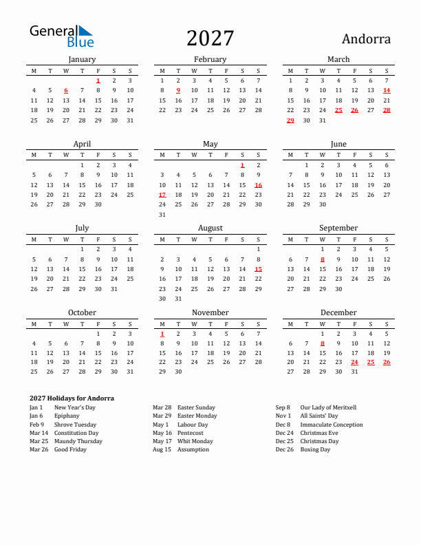 Andorra Holidays Calendar for 2027