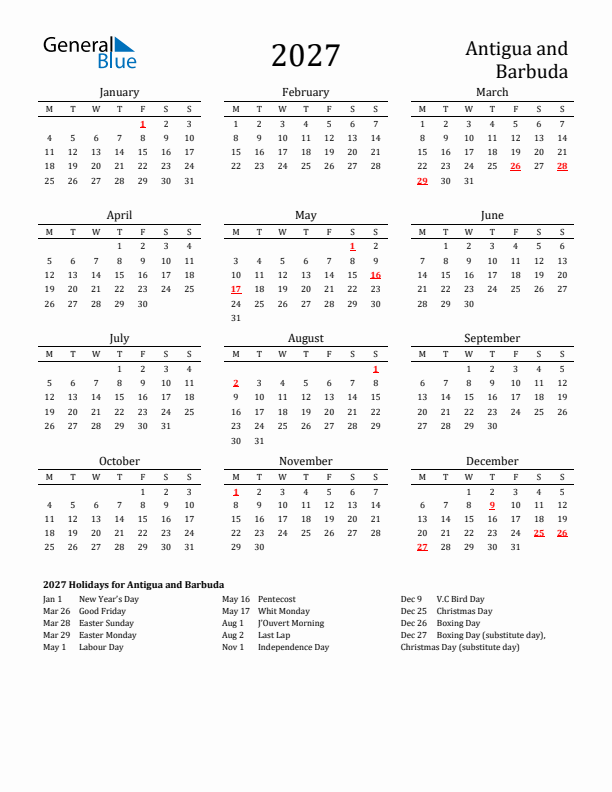 Antigua and Barbuda Holidays Calendar for 2027