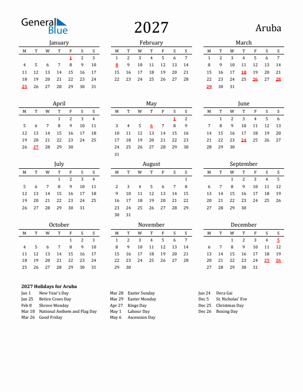 Aruba Holidays Calendar for 2027