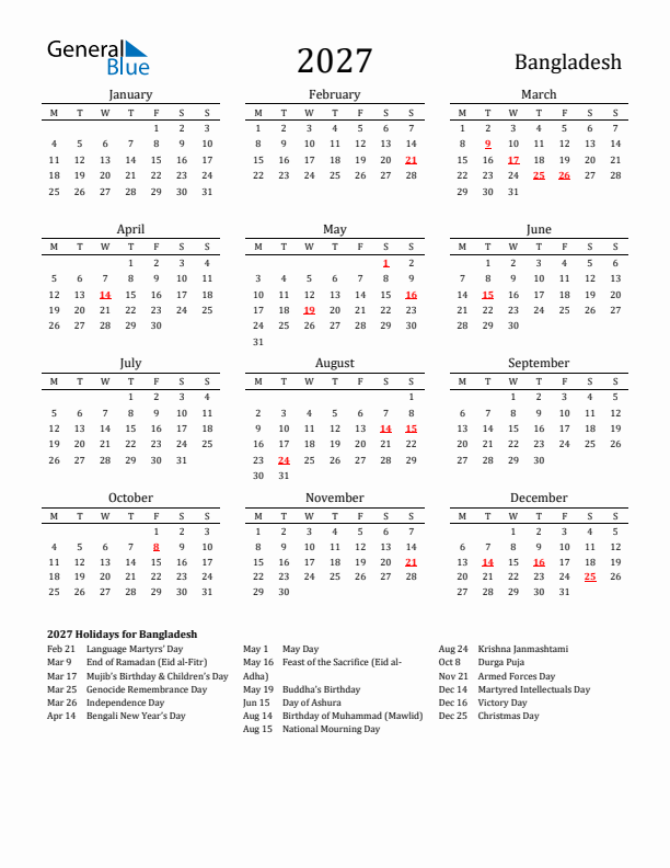 Bangladesh Holidays Calendar for 2027