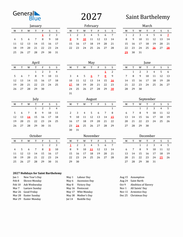 Saint Barthelemy Holidays Calendar for 2027