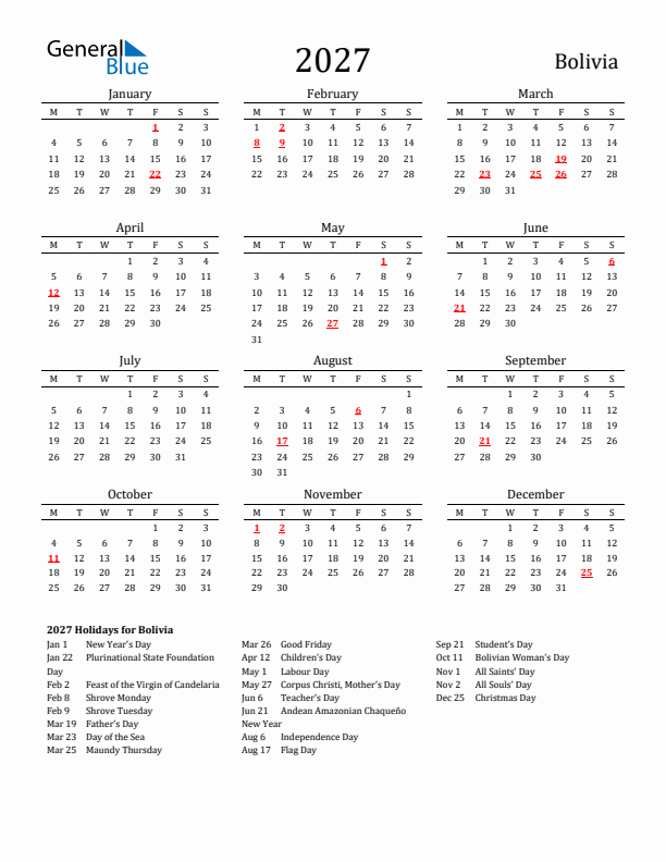 Bolivia Holidays Calendar for 2027